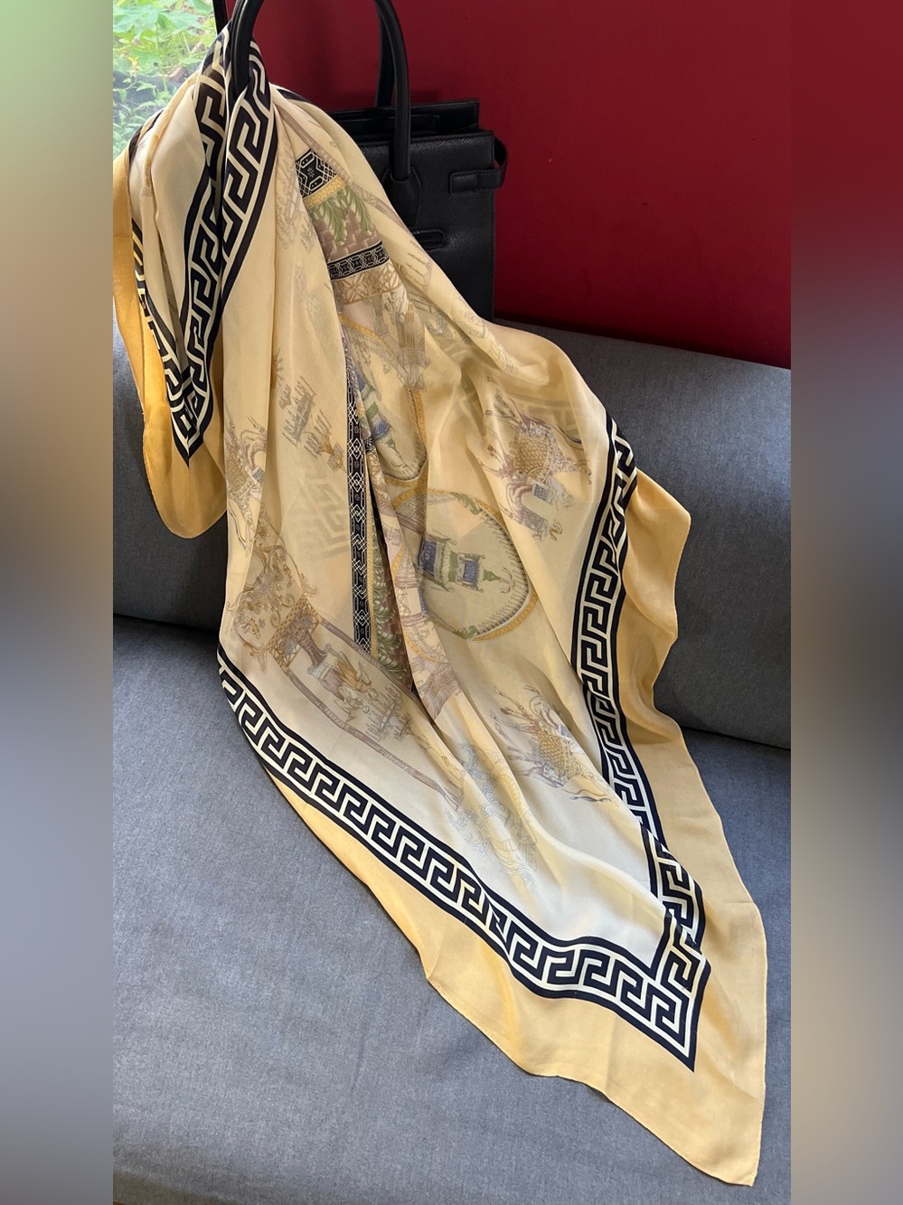 Vintage 100% Silk Large Square Scarf Greek Key Border Camels Chinoiserie 42"